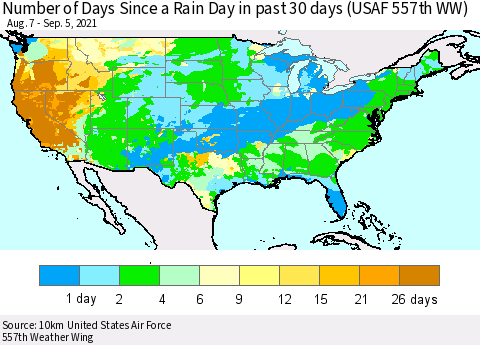 United States Number of Days Since a Rain Day in past 30 days (USAF 557th WW) Thematic Map For 9/1/2021 - 9/5/2021