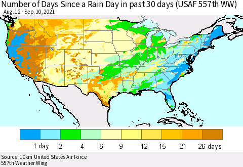 United States Number of Days Since a Rain Day in past 30 days (USAF 557th WW) Thematic Map For 9/6/2021 - 9/10/2021