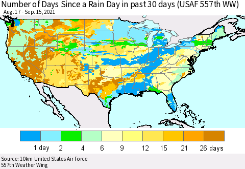 United States Number of Days Since a Rain Day in past 30 days (USAF 557th WW) Thematic Map For 9/11/2021 - 9/15/2021