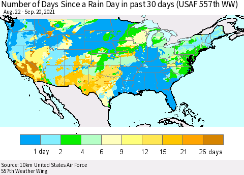 United States Number of Days Since a Rain Day in past 30 days (USAF 557th WW) Thematic Map For 9/16/2021 - 9/20/2021