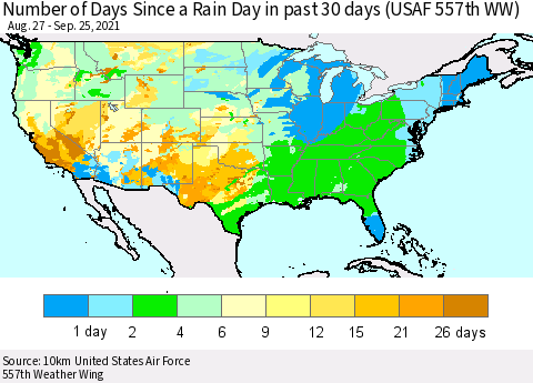 United States Number of Days Since a Rain Day in past 30 days (USAF 557th WW) Thematic Map For 9/21/2021 - 9/25/2021