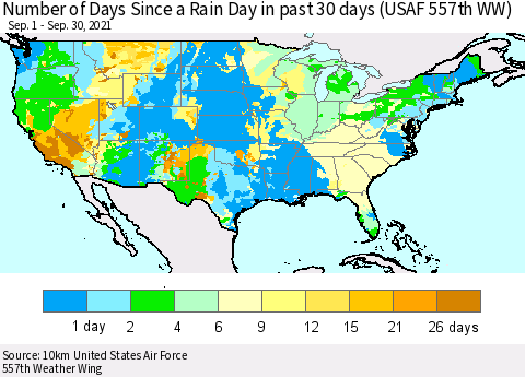 United States Number of Days Since a Rain Day in past 30 days (USAF 557th WW) Thematic Map For 9/26/2021 - 9/30/2021