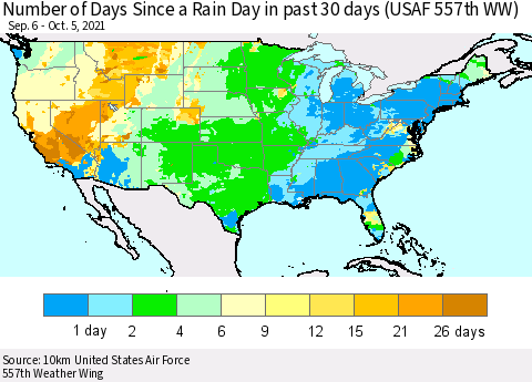 United States Number of Days Since a Rain Day in past 30 days (USAF 557th WW) Thematic Map For 10/1/2021 - 10/5/2021