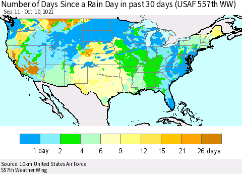United States Number of Days Since a Rain Day in past 30 days (USAF 557th WW) Thematic Map For 10/6/2021 - 10/10/2021