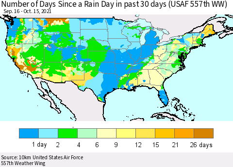 United States Number of Days Since a Rain Day in past 30 days (USAF 557th WW) Thematic Map For 10/11/2021 - 10/15/2021