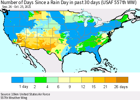 United States Number of Days Since a Rain Day in past 30 days (USAF 557th WW) Thematic Map For 10/21/2021 - 10/25/2021