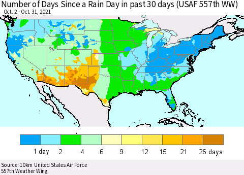 United States Number of Days Since a Rain Day in past 30 days (USAF 557th WW) Thematic Map For 10/26/2021 - 10/31/2021