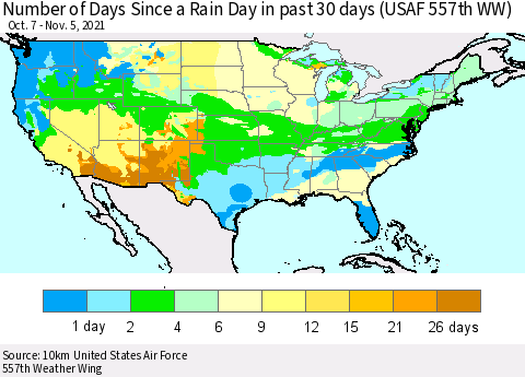 United States Number of Days Since a Rain Day in past 30 days (USAF 557th WW) Thematic Map For 11/1/2021 - 11/5/2021