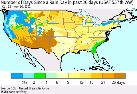United States Number of Days Since a Rain Day in past 30 days (USAF 557th WW) Thematic Map For 11/6/2021 - 11/10/2021