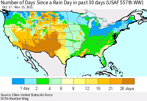United States Number of Days Since a Rain Day in past 30 days (USAF 557th WW) Thematic Map For 11/11/2021 - 11/15/2021