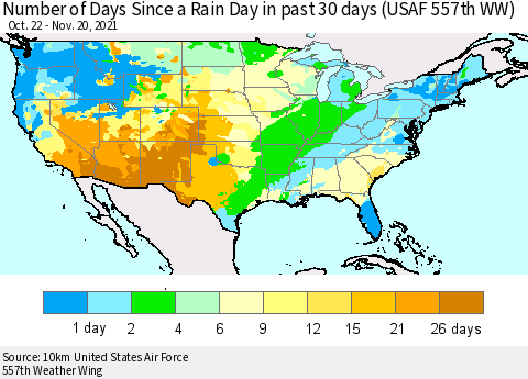 United States Number of Days Since a Rain Day in past 30 days (USAF 557th WW) Thematic Map For 11/16/2021 - 11/20/2021