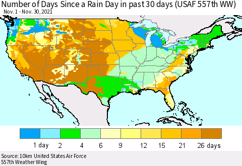 United States Number of Days Since a Rain Day in past 30 days (USAF 557th WW) Thematic Map For 11/26/2021 - 11/30/2021