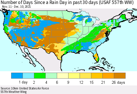United States Number of Days Since a Rain Day in past 30 days (USAF 557th WW) Thematic Map For 12/6/2021 - 12/10/2021