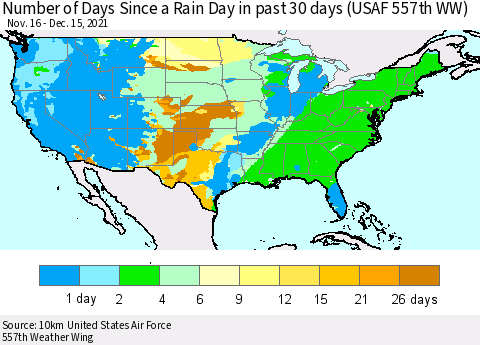 United States Number of Days Since a Rain Day in past 30 days (USAF 557th WW) Thematic Map For 12/11/2021 - 12/15/2021