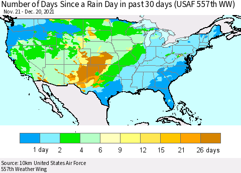 United States Number of Days Since a Rain Day in past 30 days (USAF 557th WW) Thematic Map For 12/16/2021 - 12/20/2021