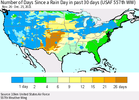 United States Number of Days Since a Rain Day in past 30 days (USAF 557th WW) Thematic Map For 12/21/2021 - 12/25/2021