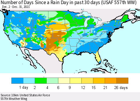 United States Number of Days Since a Rain Day in past 30 days (USAF 557th WW) Thematic Map For 12/26/2021 - 12/31/2021