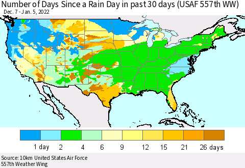 United States Number of Days Since a Rain Day in past 30 days (USAF 557th WW) Thematic Map For 1/1/2022 - 1/5/2022