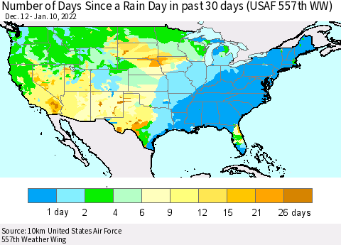 United States Number of Days Since a Rain Day in past 30 days (USAF 557th WW) Thematic Map For 1/6/2022 - 1/10/2022