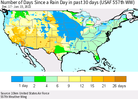 United States Number of Days Since a Rain Day in past 30 days (USAF 557th WW) Thematic Map For 1/11/2022 - 1/15/2022