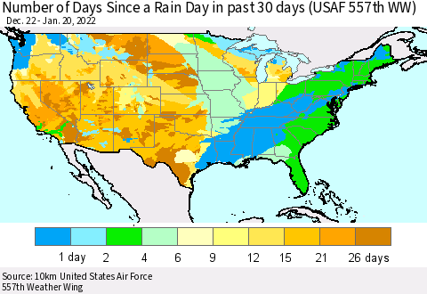 United States Number of Days Since a Rain Day in past 30 days (USAF 557th WW) Thematic Map For 1/16/2022 - 1/20/2022