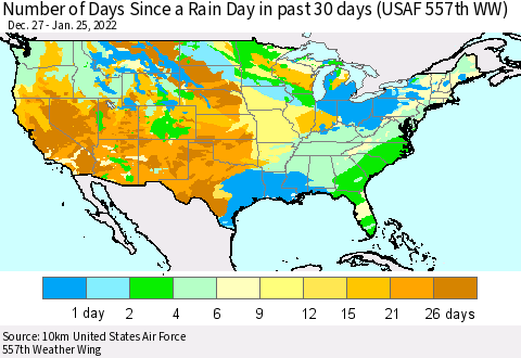 United States Number of Days Since a Rain Day in past 30 days (USAF 557th WW) Thematic Map For 1/21/2022 - 1/25/2022
