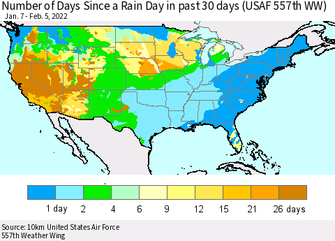 United States Number of Days Since a Rain Day in past 30 days (USAF 557th WW) Thematic Map For 2/1/2022 - 2/5/2022
