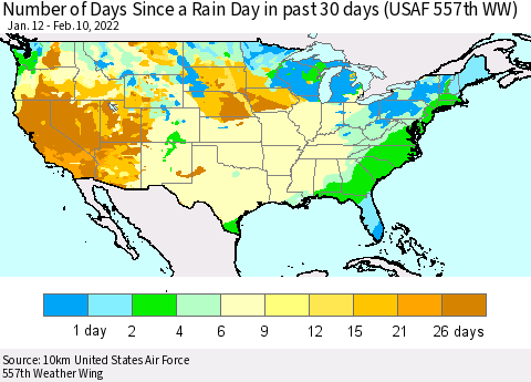 United States Number of Days Since a Rain Day in past 30 days (USAF 557th WW) Thematic Map For 2/6/2022 - 2/10/2022