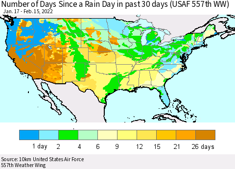 United States Number of Days Since a Rain Day in past 30 days (USAF 557th WW) Thematic Map For 2/11/2022 - 2/15/2022