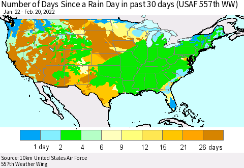 United States Number of Days Since a Rain Day in past 30 days (USAF 557th WW) Thematic Map For 2/16/2022 - 2/20/2022