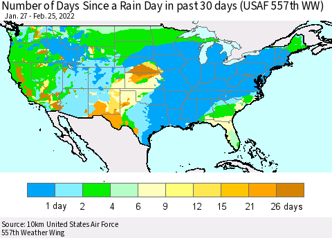 United States Number of Days Since a Rain Day in past 30 days (USAF 557th WW) Thematic Map For 2/21/2022 - 2/25/2022