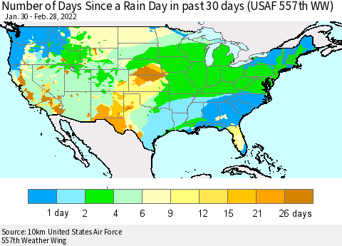 United States Number of Days Since a Rain Day in past 30 days (USAF 557th WW) Thematic Map For 2/26/2022 - 2/28/2022