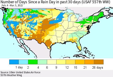 United States Number of Days Since a Rain Day in past 30 days (USAF 557th WW) Thematic Map For 3/1/2022 - 3/5/2022