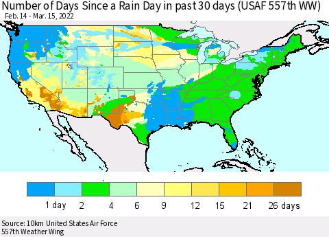United States Number of Days Since a Rain Day in past 30 days (USAF 557th WW) Thematic Map For 3/11/2022 - 3/15/2022