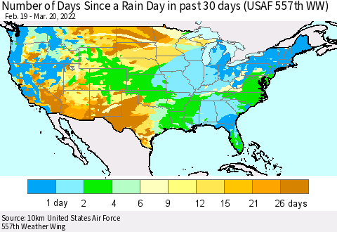 United States Number of Days Since a Rain Day in past 30 days (USAF 557th WW) Thematic Map For 3/16/2022 - 3/20/2022