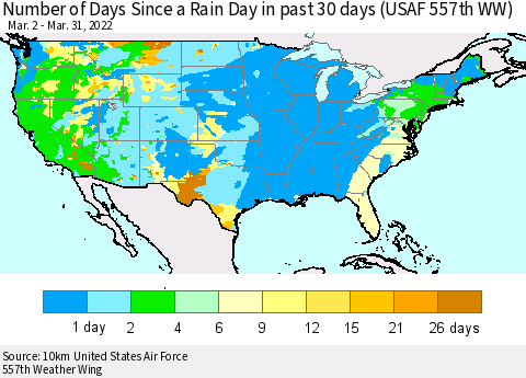 United States Number of Days Since a Rain Day in past 30 days (USAF 557th WW) Thematic Map For 3/26/2022 - 3/31/2022