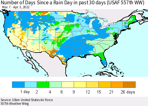 United States Number of Days Since a Rain Day in past 30 days (USAF 557th WW) Thematic Map For 4/1/2022 - 4/5/2022