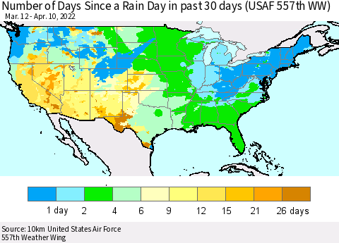 United States Number of Days Since a Rain Day in past 30 days (USAF 557th WW) Thematic Map For 4/6/2022 - 4/10/2022