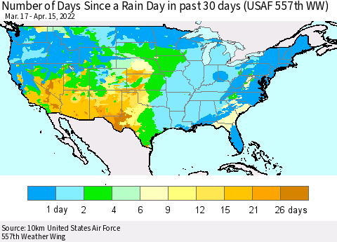 United States Number of Days Since a Rain Day in past 30 days (USAF 557th WW) Thematic Map For 4/11/2022 - 4/15/2022