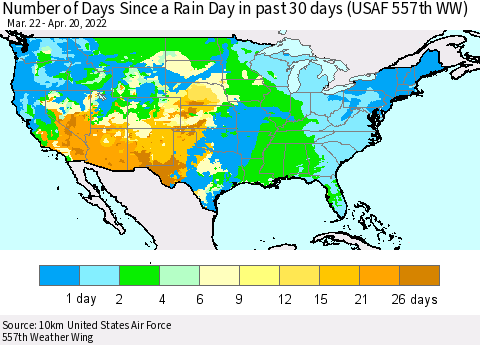 United States Number of Days Since a Rain Day in past 30 days (USAF 557th WW) Thematic Map For 4/16/2022 - 4/20/2022