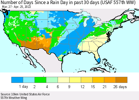 United States Number of Days Since a Rain Day in past 30 days (USAF 557th WW) Thematic Map For 4/21/2022 - 4/25/2022