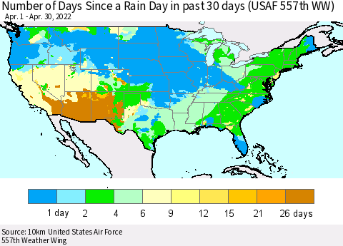 United States Number of Days Since a Rain Day in past 30 days (USAF 557th WW) Thematic Map For 4/26/2022 - 4/30/2022