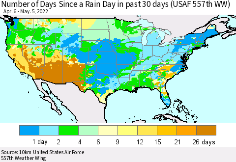 United States Number of Days Since a Rain Day in past 30 days (USAF 557th WW) Thematic Map For 5/1/2022 - 5/5/2022