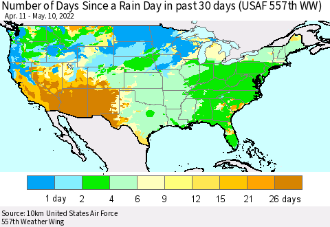 United States Number of Days Since a Rain Day in past 30 days (USAF 557th WW) Thematic Map For 5/6/2022 - 5/10/2022
