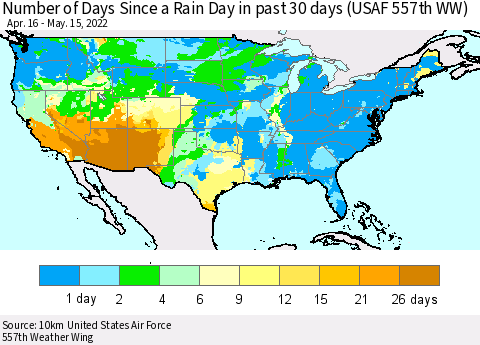 United States Number of Days Since a Rain Day in past 30 days (USAF 557th WW) Thematic Map For 5/11/2022 - 5/15/2022
