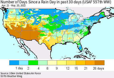 United States Number of Days Since a Rain Day in past 30 days (USAF 557th WW) Thematic Map For 5/16/2022 - 5/20/2022