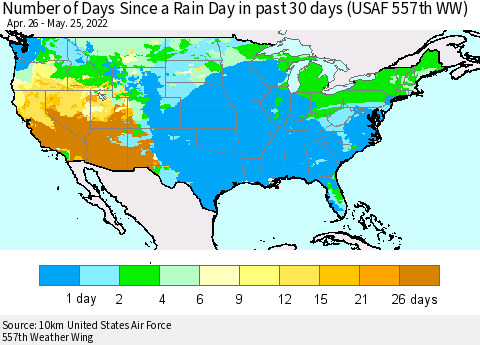 United States Number of Days Since a Rain Day in past 30 days (USAF 557th WW) Thematic Map For 5/21/2022 - 5/25/2022