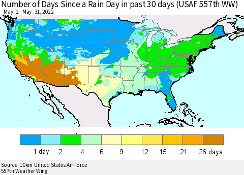 United States Number of Days Since a Rain Day in past 30 days (USAF 557th WW) Thematic Map For 5/26/2022 - 5/31/2022