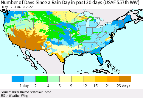 United States Number of Days Since a Rain Day in past 30 days (USAF 557th WW) Thematic Map For 6/6/2022 - 6/10/2022