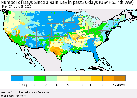 United States Number of Days Since a Rain Day in past 30 days (USAF 557th WW) Thematic Map For 6/21/2022 - 6/25/2022
